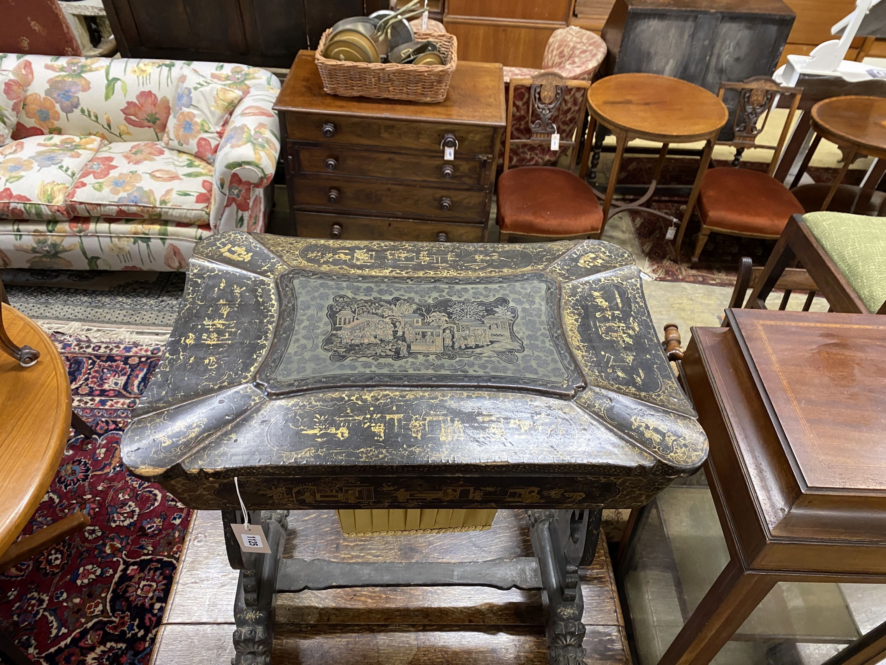 A 19th century export Chinese lacquer work table, width 64cm, depth 42cm, height 73cm